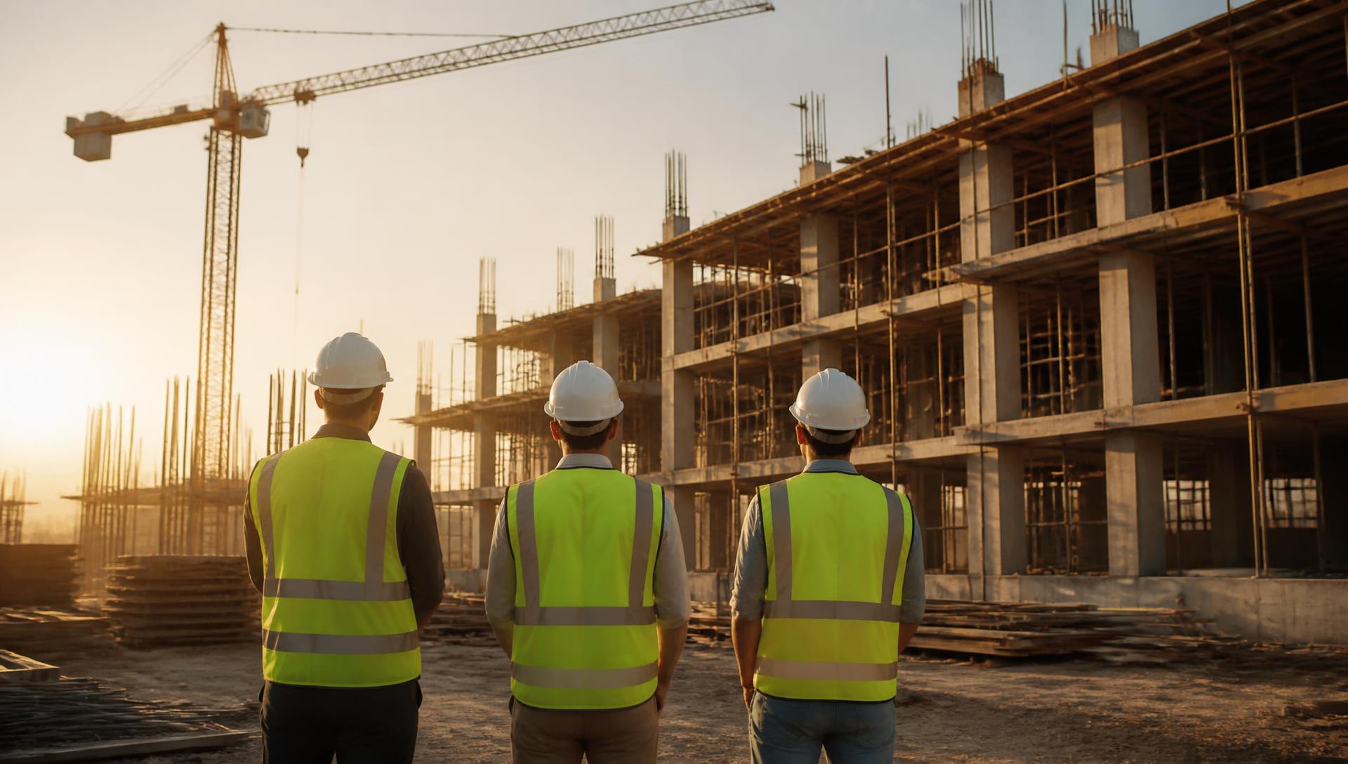 Chantier de gros œuvre avec grue à tour au coucher du soleil